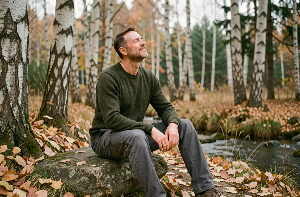Homme en méditation pleine conscience assis sur un rocher en forêt automnale entouré de bouleaux