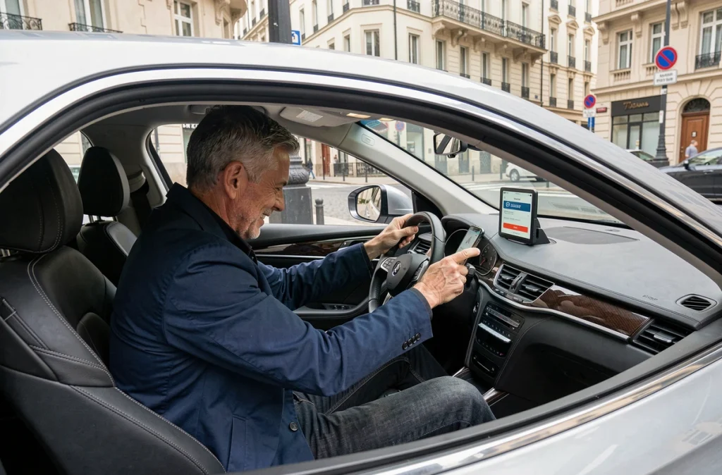 Homme payant son stationnement via une application mobile depuis l'habitacle de sa voiture
