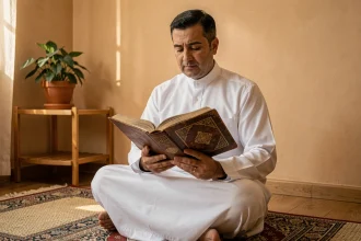 Homme en tenue blanche lisant les deux derniers versets de la sourate Al-Baqara sur un tapis de prière le soir