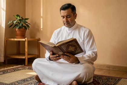 Homme en tenue blanche lisant les deux derniers versets de la sourate Al-Baqara sur un tapis de prière le soir
