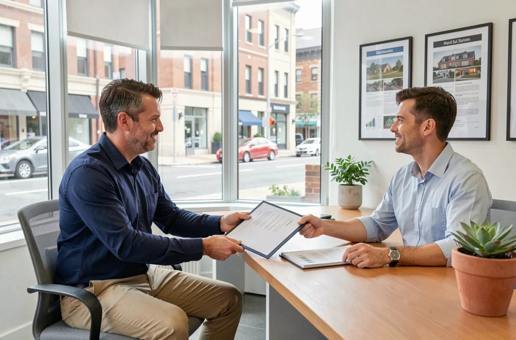 Homme remettant un dossier de location complet à une agente immobilière dans une agence moderne