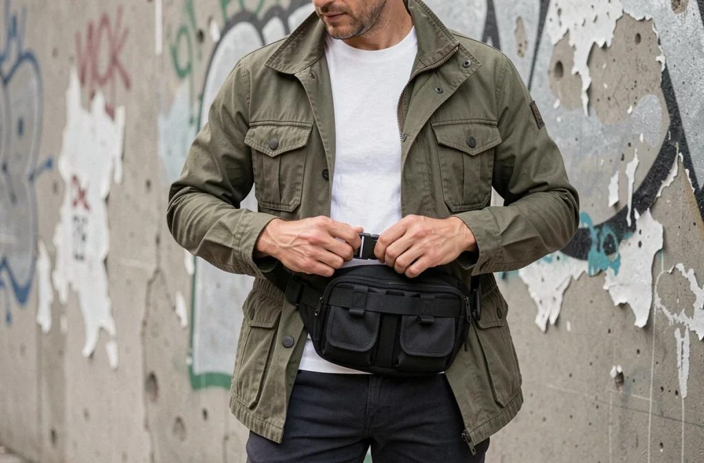 Homme ajustant un sac banane noir en nylon autour de sa taille devant un mur en béton urbain