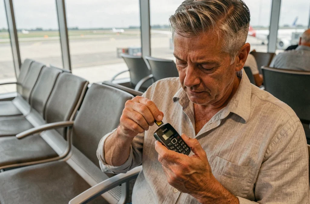 Homme insérant une carte SIM dans un ancien Sony Ericsson dans un aéroport, préparation téléphone voyage