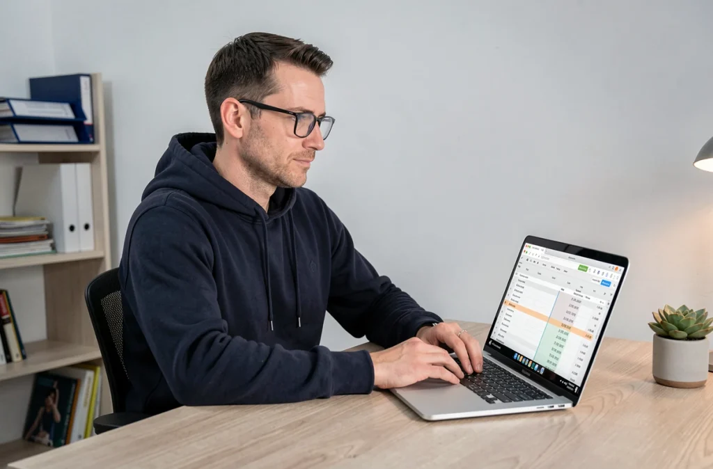 Homme utilisant un ordinateur portable pour suivre son budget et ses économies dans un bureau à domicile moderne et épuré