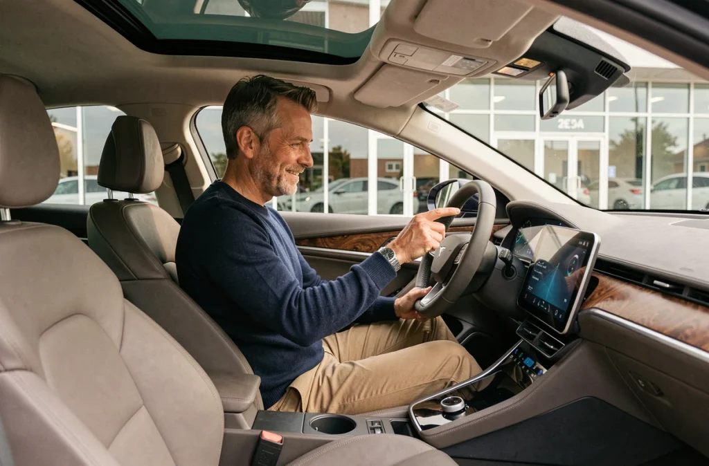 Homme découvrant le tableau de bord numérique d'une voiture électrique dans une concession automobile