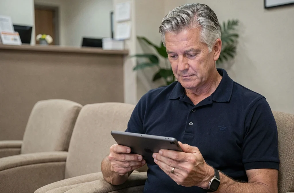 Homme d'une cinquantaine d'années utilisant une tablette avec une application de gestion du diabète dans une salle d'attente médicale