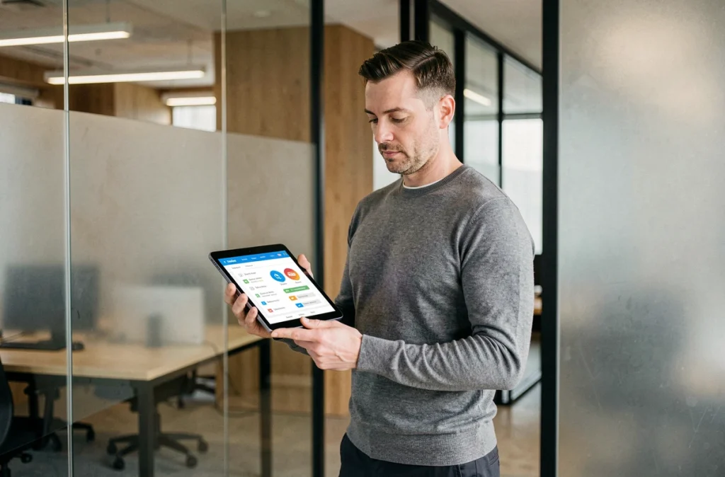 Homme en espace de coworking consultant une checklist de crédibilité de sites web sur une tablette numérique