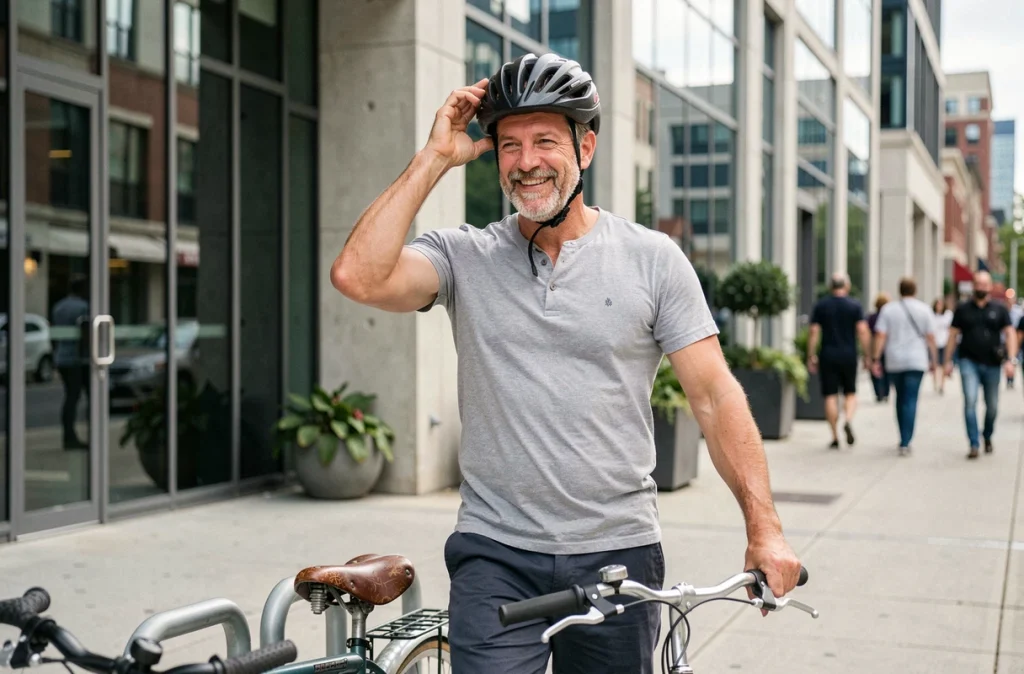 Homme attachant son vélo de ville devant un immeuble de bureaux moderne, symbolisant les habitudes saines de mobilité urbaine et leurs effets cardiovasculaires