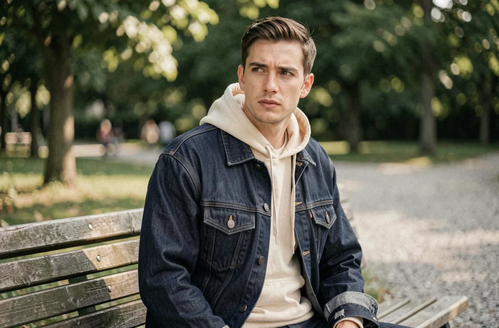 Homme en veste en jean indigo oversize assis sur un banc dans un parc urbain avec un look casual détendu
