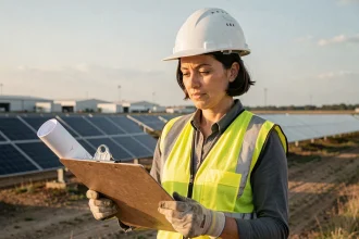 Ingénieure en transition écologique supervisant une installation de panneaux solaires dans une zone industrielle