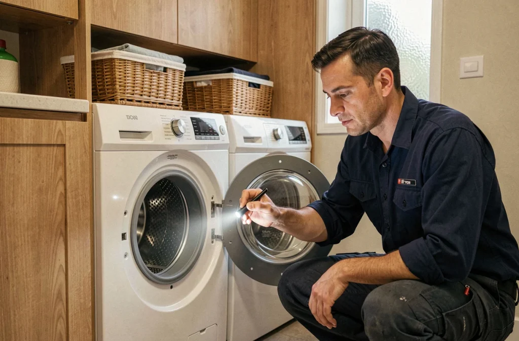 Homme inspectant l'intérieur du tambour d'un lave-linge pour détecter une usure prématurée