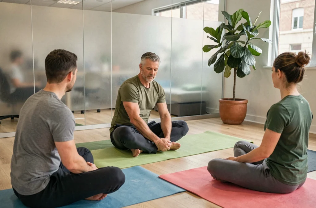 Instructeur de yoga guidant des employés dans une séance d'étirement en salle de bien-être en entreprise