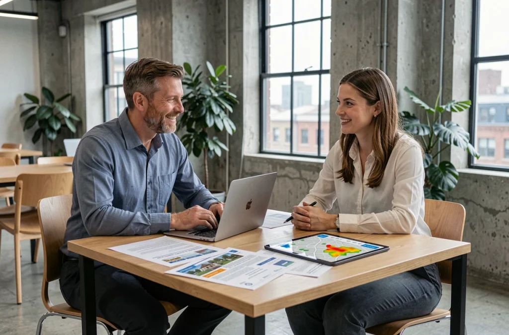 Deux investisseurs immobiliers collaborant autour d'une plateforme numérique de location dans un espace de coworking contemporain