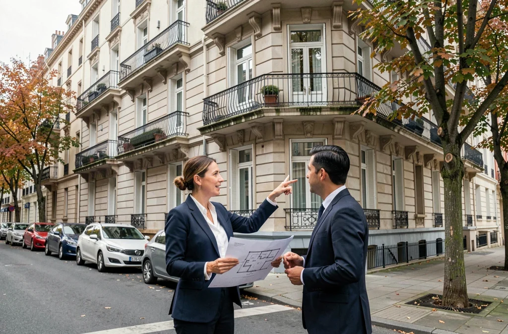 Investisseuse immobilière et agent discutant devant un immeuble locatif rénové en France