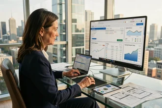 Investisseuse immobilière analysant des données de marché locatif sur un écran d'ordinateur dans un bureau moderne avec vue sur la ville