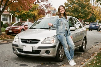 Jeune femme souriante appuyée sur une voiture d'occasion compacte dans une rue résidentielle
