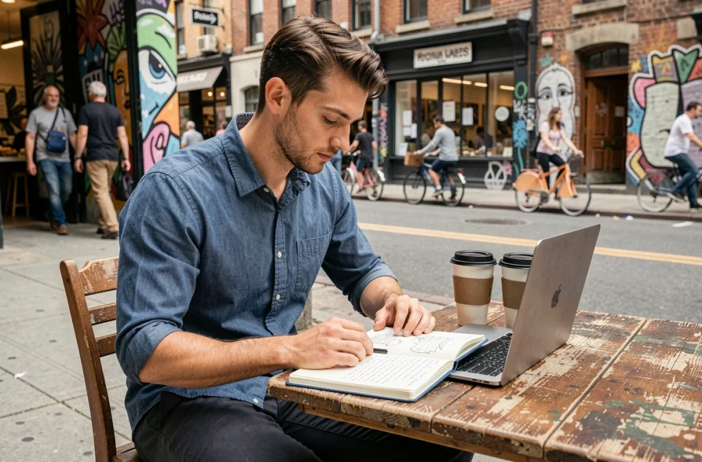 Jeune entrepreneur de l'ESS travaillant à la terrasse d'un café urbain avec son cahier de projet
