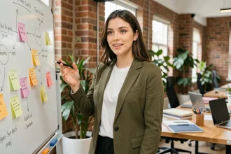Jeune femme entrepreneuse présentant son projet d'économie sociale dans un espace de co-working moderne