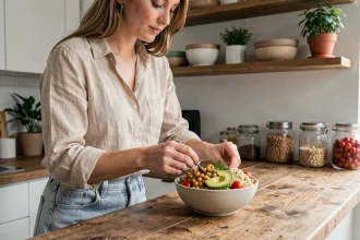 Jeune femme préparant un Buddha bowl végétarien coloré dans une cuisine moderne