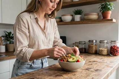 Jeune femme préparant un Buddha bowl végétarien coloré dans une cuisine moderne