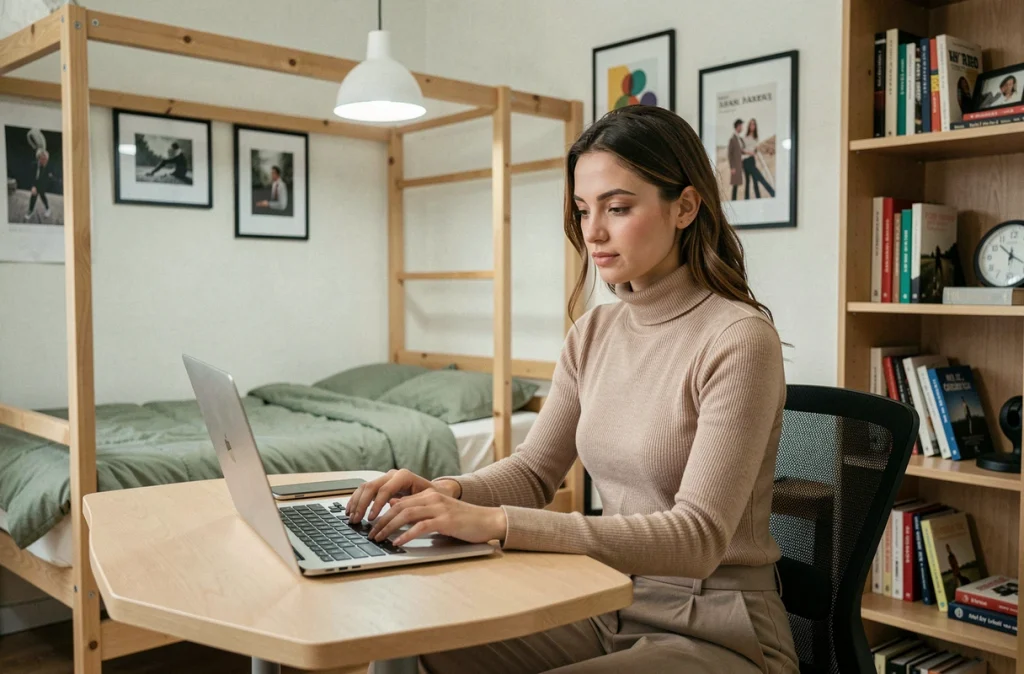 Jeune femme active travaillant dans sa chambre en colocation, espace personnel organisé en appartement urbain