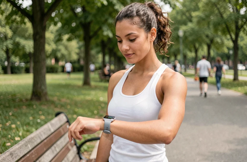 Jeune femme sportive en extérieur consultant les données glycémiques sur sa montre connectée synchronisée avec une application mobile de suivi du diabète dans un parc