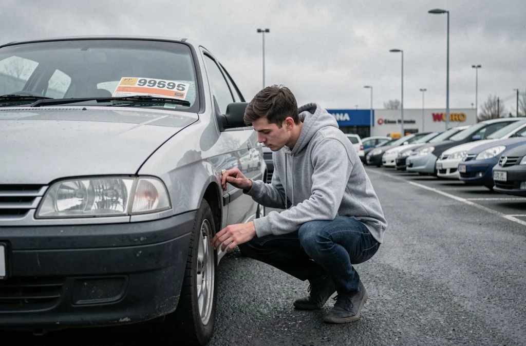 Jeune homme inspectant une voiture d'occasion dans un lot de concessionnaire automobile