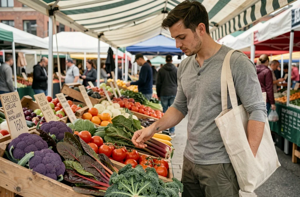 Jeune homme choisissant des légumes frais sur un marché végétarien en plein air