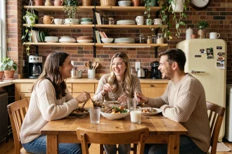 Trois jeunes actifs partageant un repas convivial dans la cuisine de leur colocation à Paris