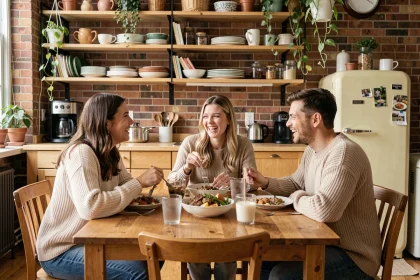 Trois jeunes actifs partageant un repas convivial dans la cuisine de leur colocation à Paris