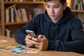 Joueur adulte consultant son smartphone pour construire un deck Pokémon Pocket compétitif entouré de cartes Pokémon sur un bureau en bois