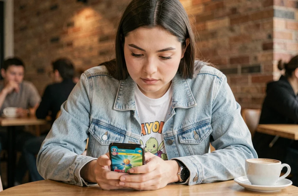 Jeune femme jouant à Pokémon Pocket sur smartphone dans un café urbain moderne avec des cartes Pokémon affichées à l'écran