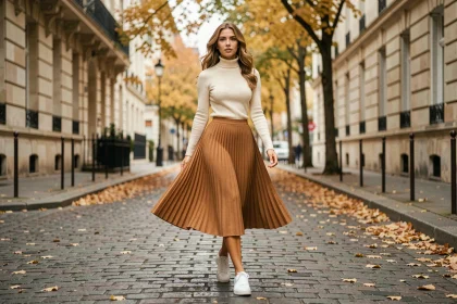 Femme portant une jupe plissée camel midi dans une rue pavée parisienne en automne