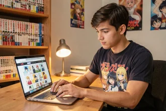 Jeune homme lisant des scans de manga Demon Slayer en VF sur son ordinateur portable dans sa chambre