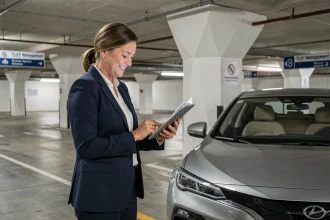 Femme d'affaires en blazer marine consultant une tablette à côté d'un véhicule de flotte d'entreprise dans un parking souterrain moderne