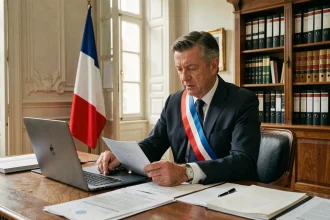 Maire en écharpe tricolore dans son bureau de mairie examinant des documents officiels sur sa rémunération