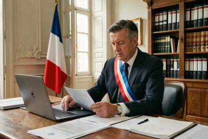 Maire en écharpe tricolore dans son bureau de mairie examinant des documents officiels sur sa rémunération