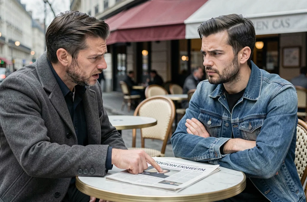 Deux hommes débattant du symbole de La Marseillaise autour d'un journal à la terrasse d'un café parisien