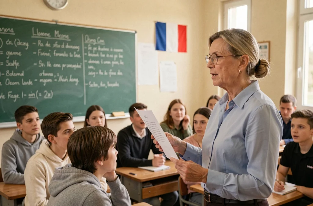 Enseignante faisant chanter La Marseillaise à ses élèves dans une salle de classe en France