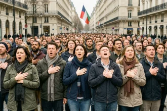Groupe de personnes diversifiées chantant La Marseillaise ensemble sur une place publique française en 2026