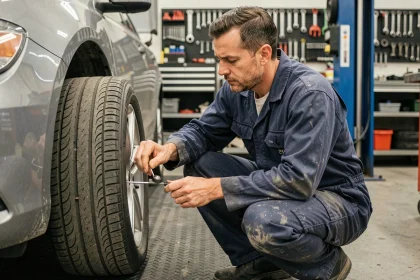 Mécanicien inspectant la profondeur des rainures d'un pneu avec un outil de mesure dans un garage automobile