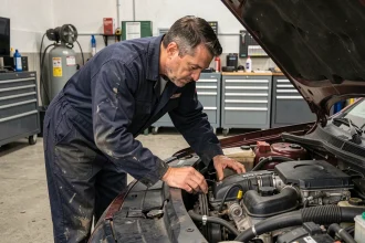 Mécanicien professionnel effectuant une révision périodique du moteur dans un atelier automobile