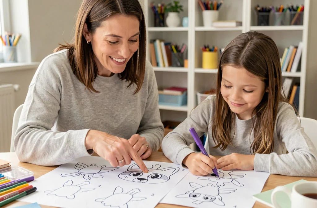Une mère et sa fille suivent ensemble un tutoriel pour apprendre à dessiner Stella de Pat Patrouille étape par étape
