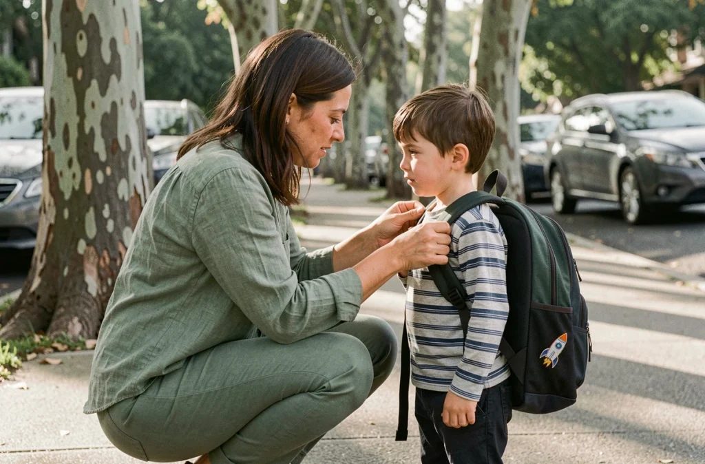 Mère aidant son fils à ajuster son sac à dos le matin de la rentrée scolaire sur un trottoir bordé d'arbres