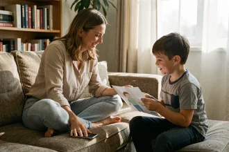 Une mère pose son téléphone pour partager un moment de connexion avec son fils montrant un dessin, illustrant l'équilibre entre temps d'écran et vie de famille