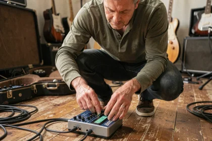 Musicien utilisant une Boss RC-30 loop station dans un studio de répétition