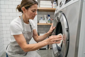 Femme nettoyant le joint en caoutchouc d'un lave-linge pour prolonger sa durée de vie