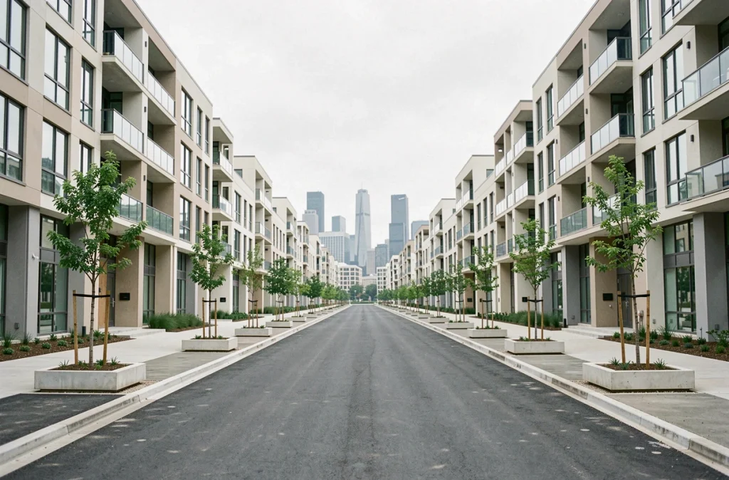 Rue résidentielle neuve en périphérie d'une grande ville avec des immeubles récents, des trottoirs fraîchement goudronnés et la skyline urbaine visible en arrière-plan