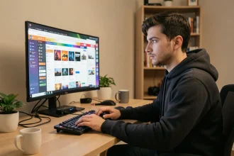 Jeune homme concentré optimisant son navigateur pour une session de jeu longue sur un bureau home office moderne