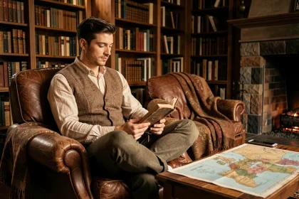 Homme lisant un livre de fantasy dans un fauteuil en cuir entouré d'étagères et d'une carte ancienne, ambiance chaleureuse rappelant l'univers du Hobbit